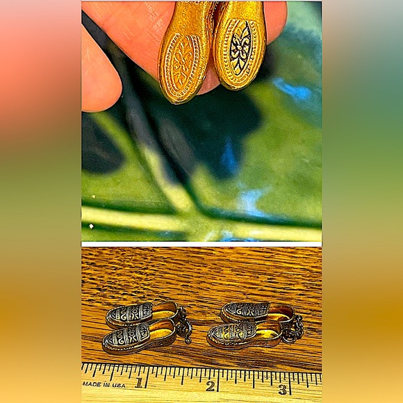 Damascene pair shoe charms jewelry gold inlay Spain unmarked vintage - Picture 4 of 5